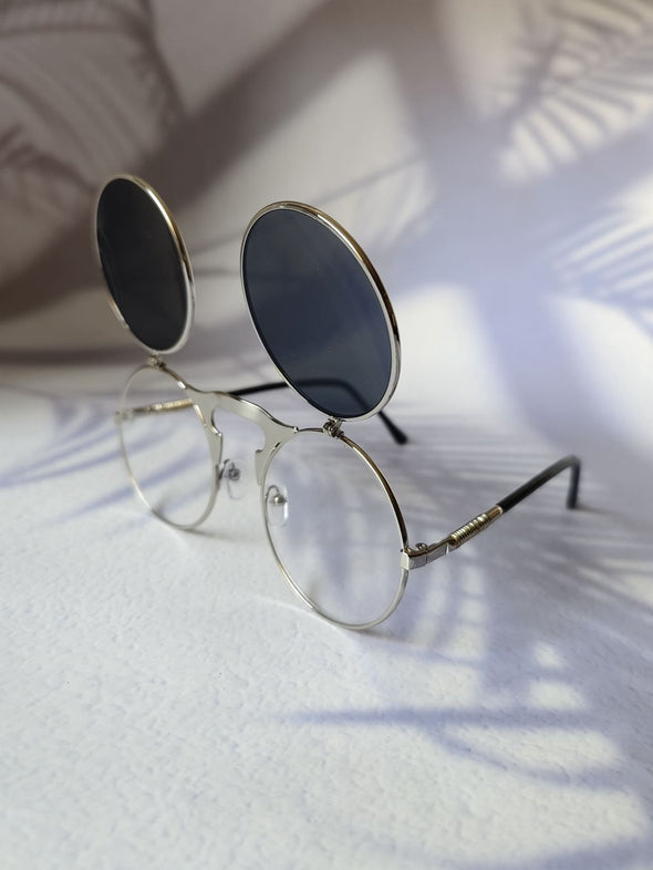 1pair Men Round Metal Frame Flip-up Vintage Fashion Glasses For Daily Life