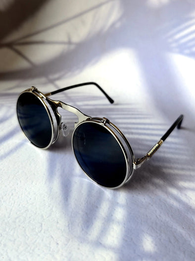 1pair Men Round Metal Frame Flip-up Vintage Fashion Glasses For Daily Life